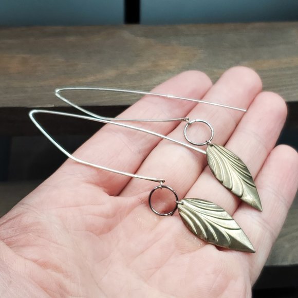 Sterling Silver & Brass Nature Leaf Large Earrings - Picture 2 of 5